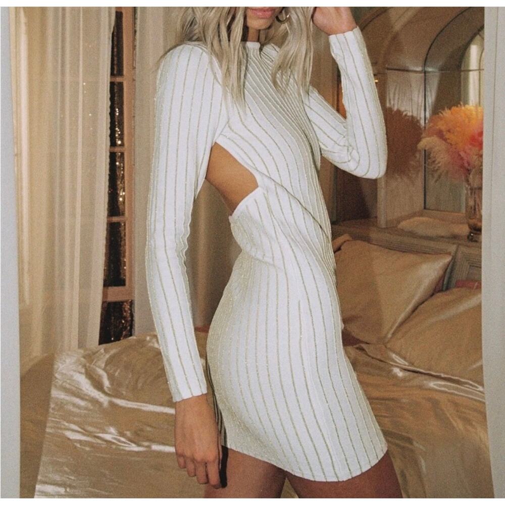Princess Polly Dress Women’s Large Metallic Gold Ribbed Bodycon Cutout Mini Knit